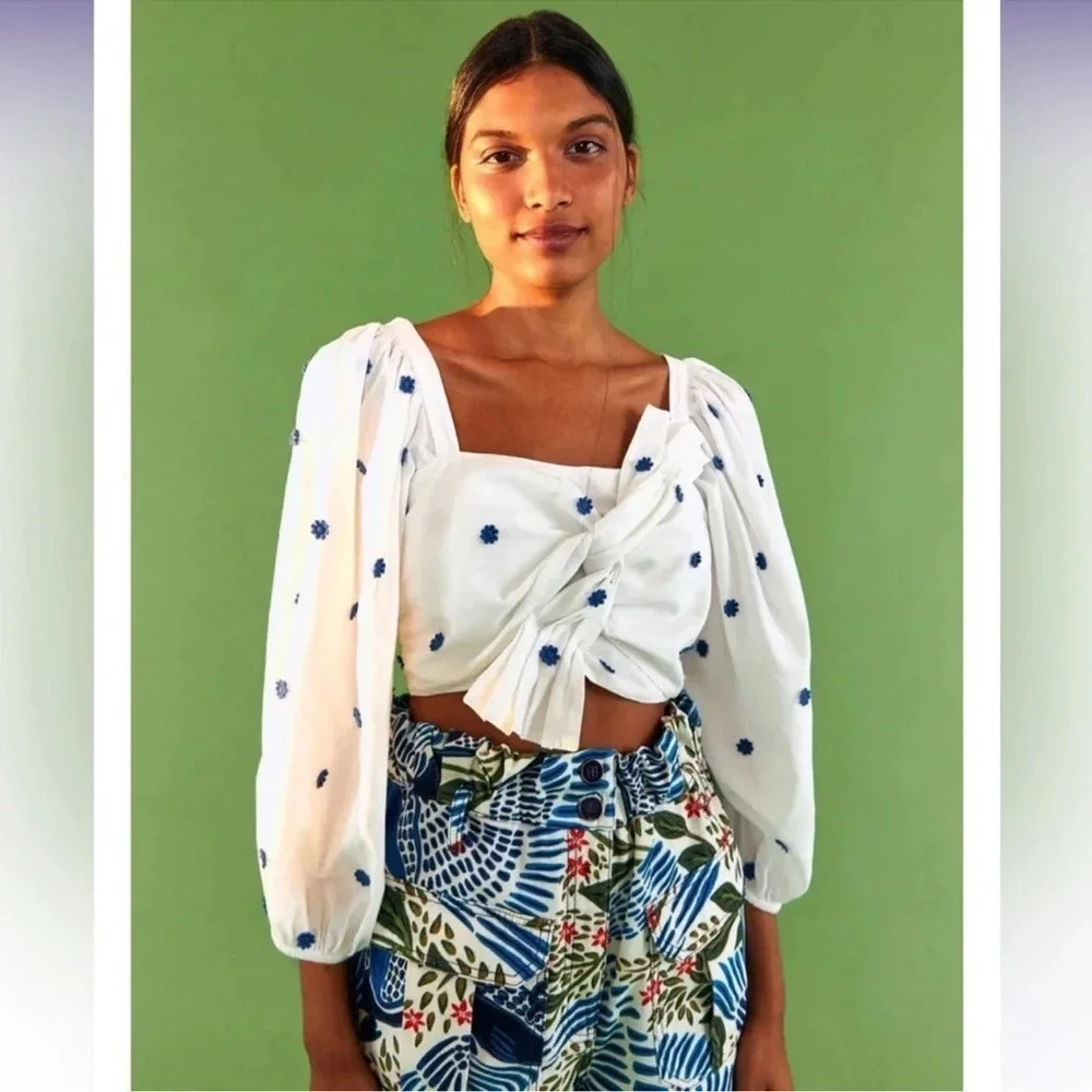 FARM Rio White Puff-Sleeve Tie-Front Blouse with Blue Embroidery